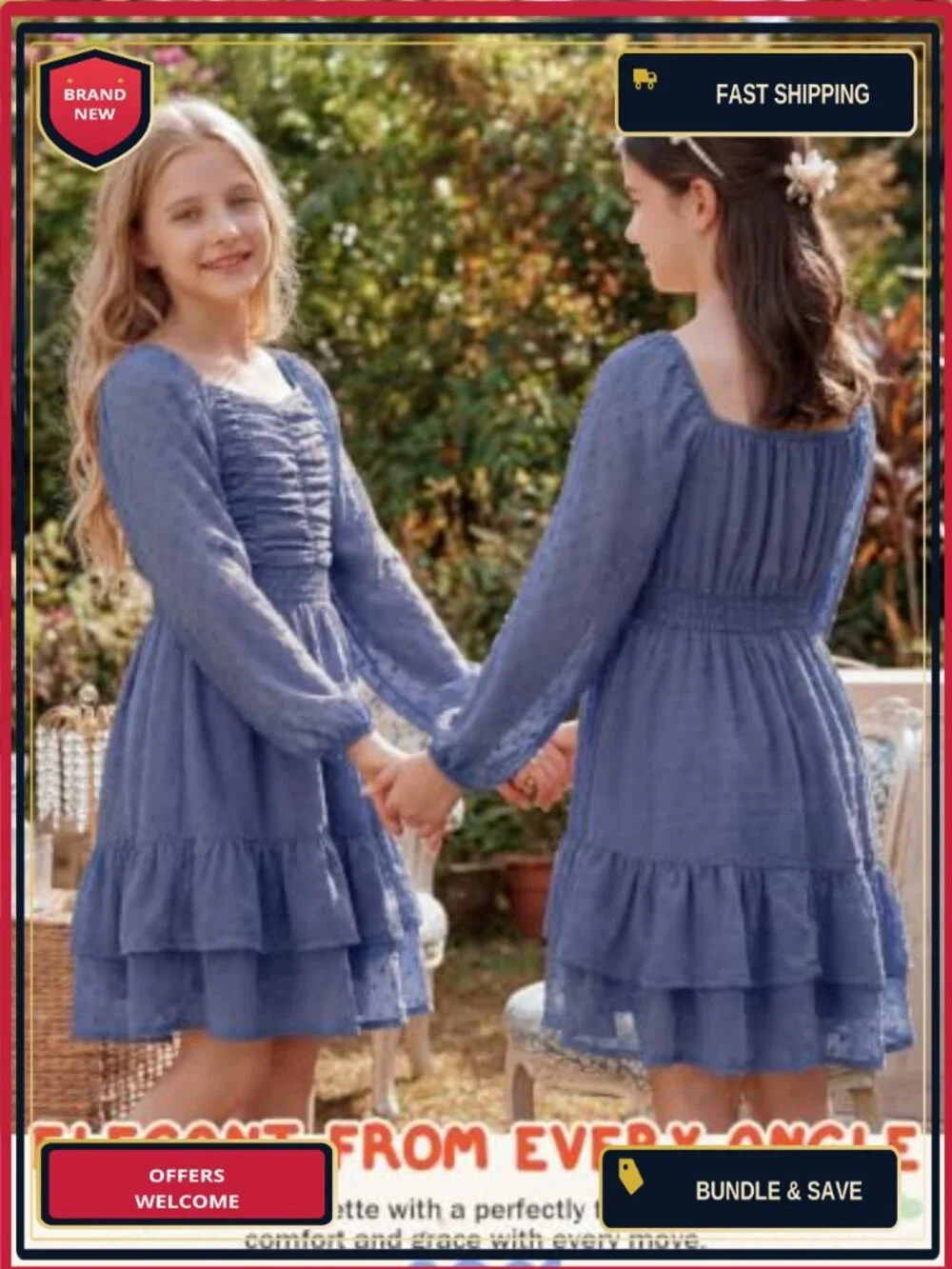 Girls Swiss Dot Chiffon Ruffle A-Line Dress Long Sleeve Party Birthday